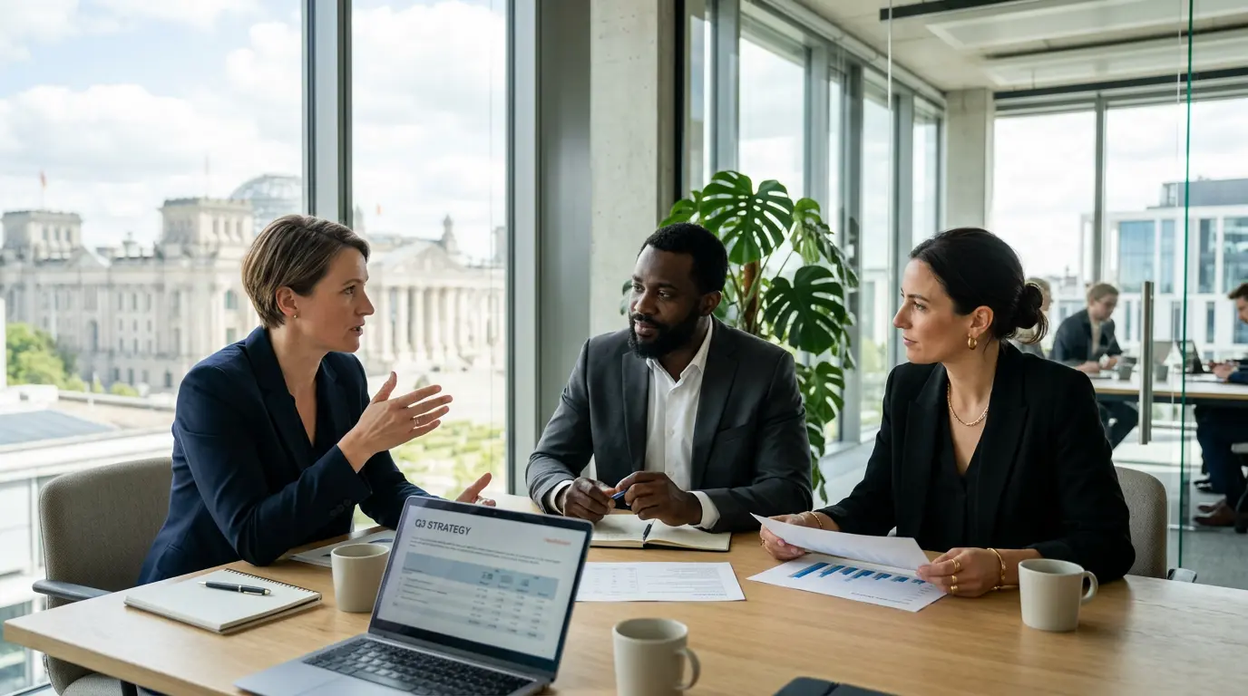 Professionelles Team-Meeting in einem modernen Berliner Büro – Earth Soil.